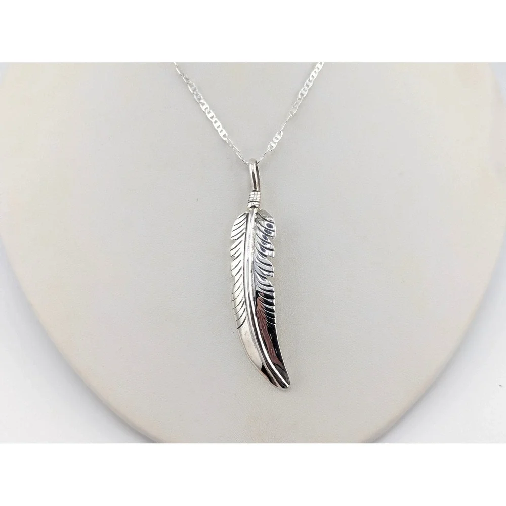 Handmade Navajo Sterling‎ Silver Feather Pendant Necklace NA Jewelry **